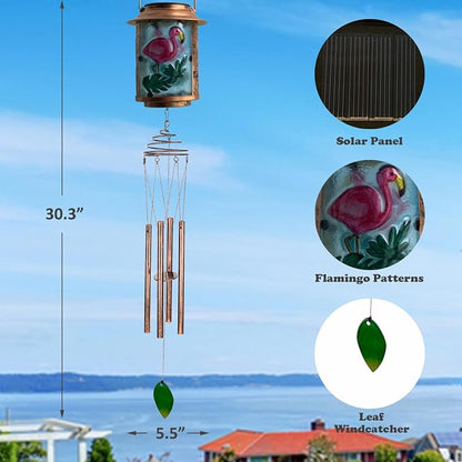 Solar Wind Chimes for Outdoor, Flamingo Garden Decorations Memorial Wind Chimes Deep Tone, Sympathy Windchimes for Outside Garden Décor, Gifts for Mom, Grandma-Flamingo