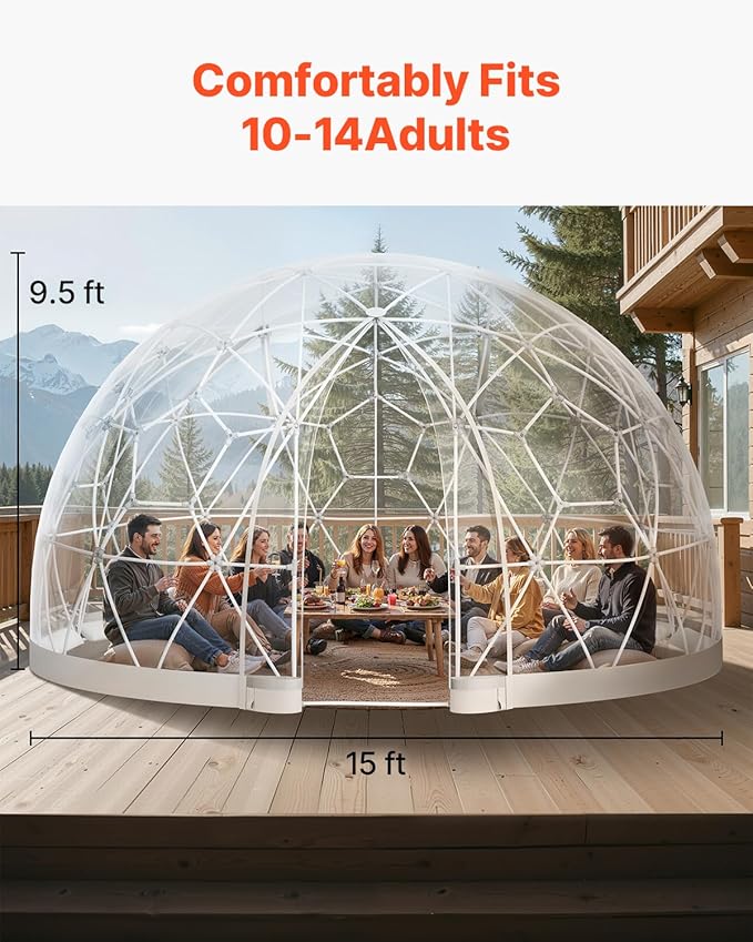 VEVOR Garden Dome Tent, 15 x 9.5 ft Clear Bubble Tent House for 12-14 Person, Waterproof PVC Geodesic Dome Greenhouse with Ventilated Window, Outdoor Igloo Tents for Patio Backyard Party Camping