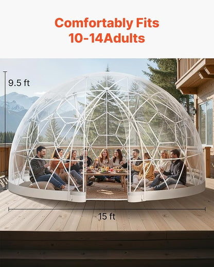 VEVOR Garden Dome Tent, 15 x 9.5 ft Clear Bubble Tent House for 12-14 Person, Waterproof PVC Geodesic Dome Greenhouse with Ventilated Window, Outdoor Igloo Tents for Patio Backyard Party Camping