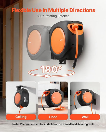 VEVOR Retractable Air Hose Reel, 3/8 Inch x 80 FT Hybrid Air Hose Max 300PSI, Enclosed Air-Compressor Hoses Reel Auto Rewind with 6.6 ft Lead in, 180° Swivel Ceiling/Wall Mount for Workshops