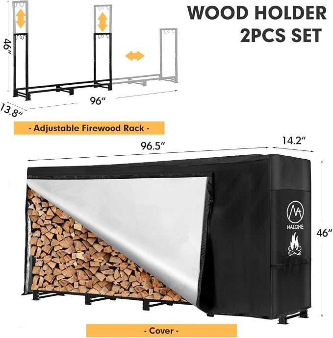 nalone 8FT Outdoor Firewood Rack with Cover&Carry Bag Heavy Duty Square Strong Stand Rack with Waterproof Cover for Fireplace Fire Pits Wood Pile Storage Holder Lumber Rack