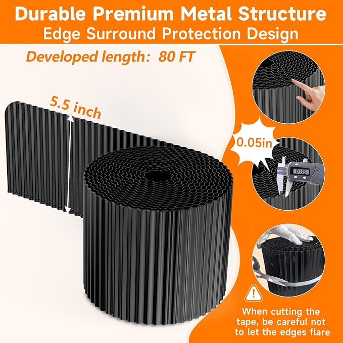 Corrugated Garden Edging,5.5"×80Ft Galvanized Steel Landscape Edging & Lawn Edging Border,Metal Garden Border for Flower Beds,Garden,Lawn,Raised Beds & Tree Surrounds(Black)