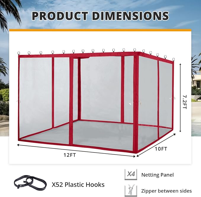 MASTERCANOPY Patio Gazebo Mosquito Netting Screen Walls (10x12, Burgundy)