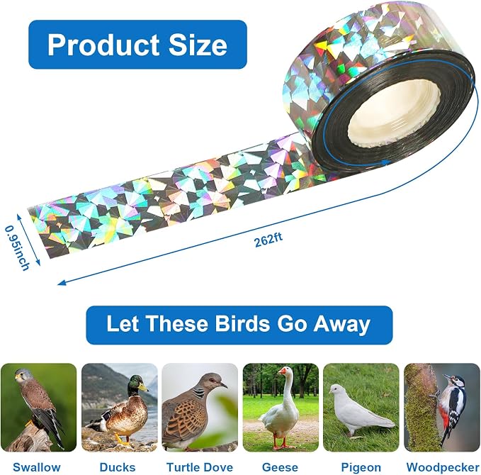 DECYOOL 3 Rolls 787 FT Bird Scare Tape Reflective Ribbon Hanging | Bird Repellent Tape, House Garden Patio Lawn Orchard, Reflective Bird Scare Tape, 787 FT Total Length Avoid Animal Damage