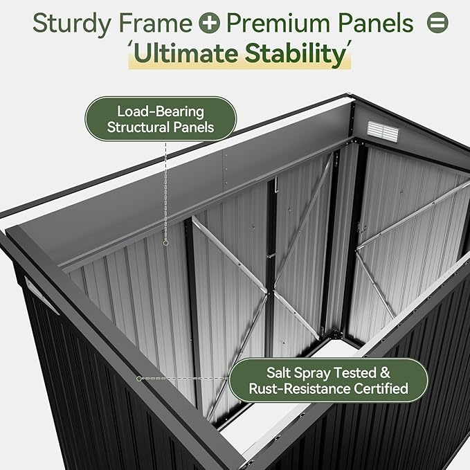 7.5'x4' Outdoor Shed with 3-Lockable Door Black | Heavy-Duty Galvanized Metal Garden Storage for Bikes, Tools, Garden, Patio
