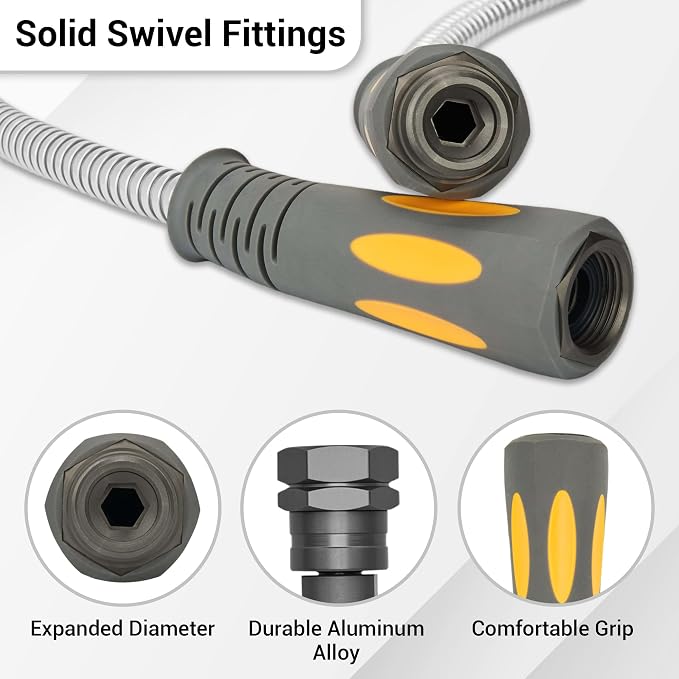 TheFitLife Flexible Metal Garden Hose - 100FT Lightweight Stainless Steel Water Hose with Solid Fittings and Sprayer Nozzle - Leak Proof, Kink Free, Anti-rust, Large Diameter, Durable and Easy Storage