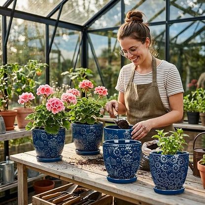Hollyone Set of 3 Blue Ceramic Planter 6 Inch Flower Plant Pot with Drainage Hole and Saucer for Plants Embossed Indoor Outdoor Garden Embossed Ceramic Glazed Round Pot for Succulent Orchid