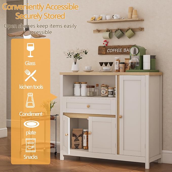 Viaozutis Coffee Bar Cabinet with Doors and Drawer, 35.4" Kitchen Storage Cabinet with Adjustable Shelf, Freestanding Buffet Sideboard for Dining Room, Bathroom, Entryway, White