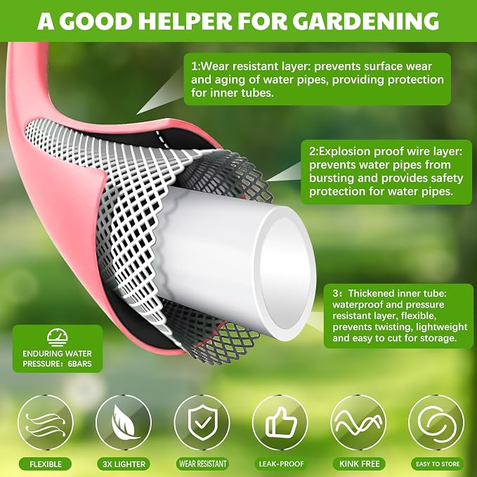 50 ft 1/2 Inch Pink Garden Hose Colors Garden Hose for Any Nozzle Drinking Water Safe Personalized Color for Outdoor Living