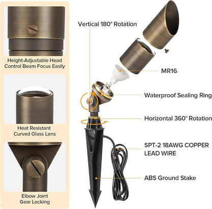 LUTEC Solid Brass Low Voltage Landscape Lighting, 12V Heavy Duty Waterproof Landscape Spotlights, Adjustable Bronze Uplights Outdoor Fixtures for Garden Yard Pathway Tree with MR16 Bulb