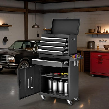 Tool Chest, 5-Drawers Rolling Tool Storage Cabinet with Lockable Wheels, Detachable Top, Adjustable Shelf & Locking Mechanism, Multifunctional Tool Cart for Garage Warehouse, Black