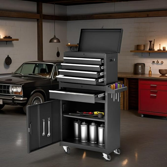Tool Chest, 5-Drawers Rolling Tool Storage Cabinet with Lockable Wheels, Detachable Top, Adjustable Shelf & Locking Mechanism, Multifunctional Tool Cart for Garage Warehouse, Black