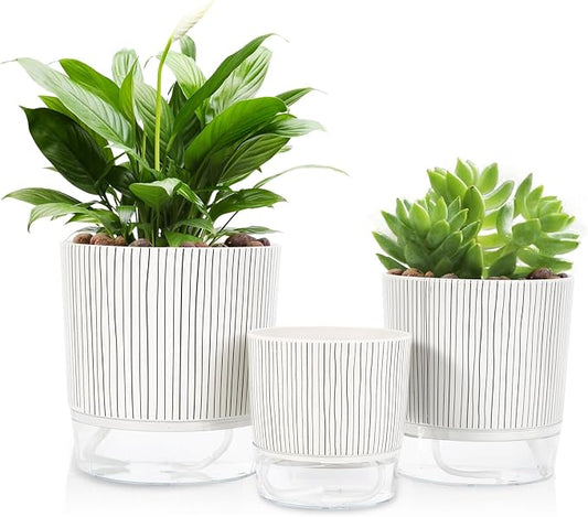 Self Watering Pots for Indoor Plants, 6 & 5 & 4 Inch Stylish Flower Pots, Set of 3 Modern Planters with Self-Watering Feature (Black Stripes)