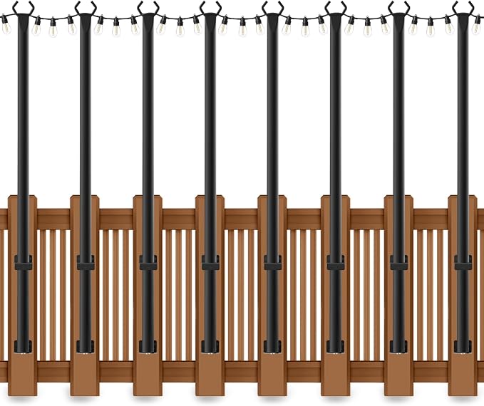 AHRLHR 8 Pack String Light Poles for Deck,5 Ft String Light Poles for Outside with Fixing Clips,Metal Poles for Outdoor String Lights, Hanging Light Poles for Fence Garden Backyard Wall Bistro