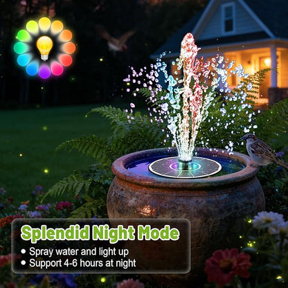Solar Fountain with 3 Spray Height, Colorful Led Lights, 3.5W Glass Solar Bird Bath Water Fountain with 2000mAh Battery, 4 Rotating Rods and 7 Nozzles for Hummingbird Bathing, Outdoor Décor