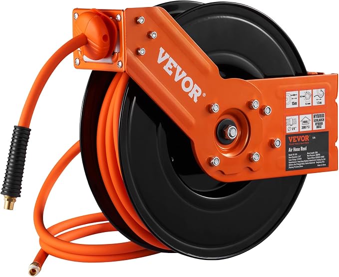 VEVOR Retractable Air Hose Reel 3/8 IN x 50 FT Hybrid Air Hose Max 300PSI | 5ft Lead in, Ceiling/Wall Mount, Single Arm, Heavy Duty Steel Air Compressor Hose Reel