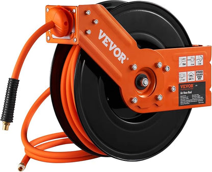 VEVOR Retractable Air Hose Reel 3/8 IN x 50 FT Hybrid Air Hose Max 300PSI | 5ft Lead in, Ceiling/Wall Mount, Single Arm, Heavy Duty Steel Air Compressor Hose Reel