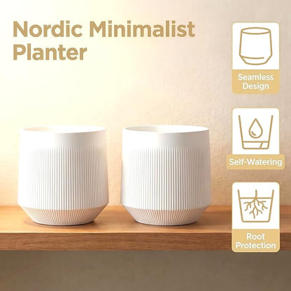 Plant Pots，Set of 3 Plastic Pots for Indoor Plants,Flower Pots Outdoor Planters with Drainage Hole and Seamless Saucer, White,Milky-Yellow,Gray