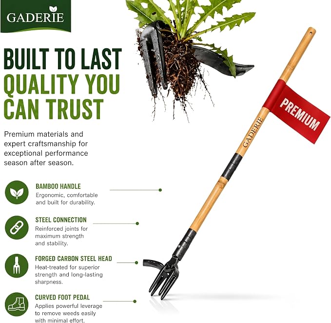 Premium Stand Up Weed Puller Tool with Long Bamboo Handle – Garden Weeder & Remover, 4-Claw Steel Head, Dandelion Digger for Lawn Care – Gardening Gift for Grandpa & Dad
