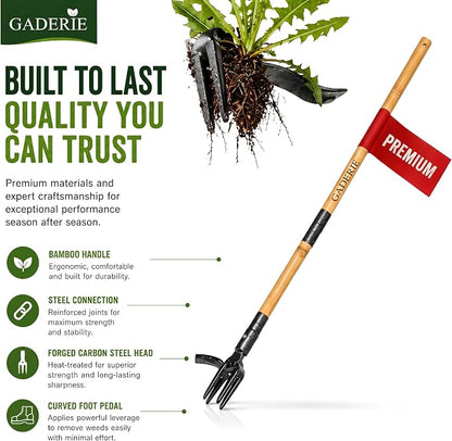 Premium Stand Up Weed Puller Tool with Long Bamboo Handle – Garden Weeder & Remover, 4-Claw Steel Head, Dandelion Digger for Lawn Care – Gardening Gift for Grandpa & Dad