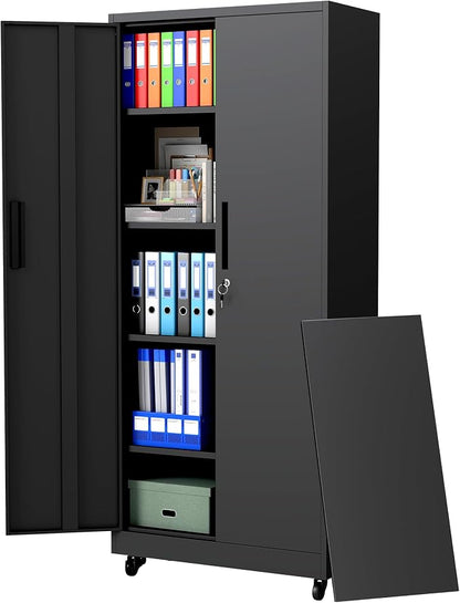 73" H Metal Cabinet with Wheels, Metal Storage Cabinet with 2 Doors and 4 Shelves, Steel Locking File Cabinet, Lockable Storage Cabinet, Tool Cabinet for Home, Office,Garage, School, Black