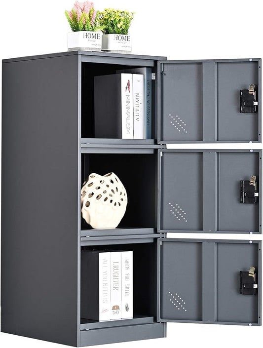 MECOLOR Vertical Single Tier Small Locker with Padlock latche 2 or 3 Compartment Storage for Employee,Home,Office,School,Kids (Dark Grey, P3V)