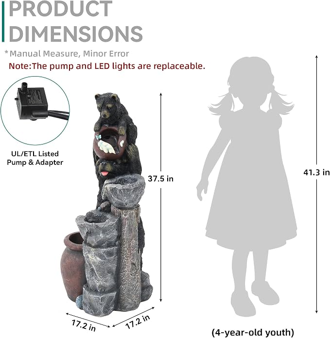 38" H Playful Twin Bear Statue Outdoor Fountain with LED Lights | Whimsical Multi-Tiered Stone Vessel Water Feature with Soothing Cascading Waterfall for Patio, Backyard, Garden or Porch