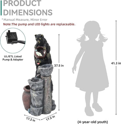 38" H Playful Twin Bear Statue Outdoor Fountain with LED Lights | Whimsical Multi-Tiered Stone Vessel Water Feature with Soothing Cascading Waterfall for Patio, Backyard, Garden or Porch