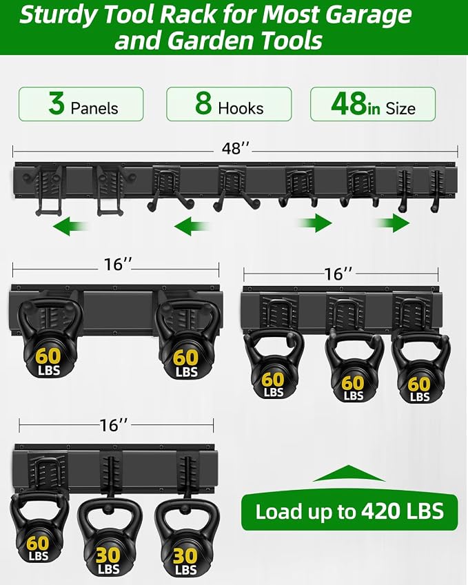 PIYILO Garden Tool Organizer 48 in with 18 Garage Hooks, Heavy Duty Garage Wall Hooks for Hanging Ladder, Bike, Tool Storage Rack for Yard Tools, Shovel, Shed (23 Pack)