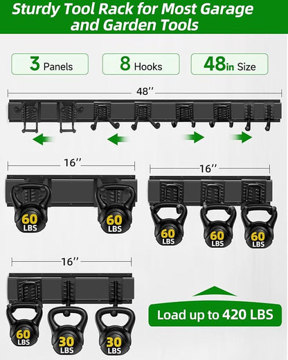 PIYILO Garden Tool Organizer 48 in with 18 Garage Hooks, Heavy Duty Garage Wall Hooks for Hanging Ladder, Bike, Tool Storage Rack for Yard Tools, Shovel, Shed (23 Pack)