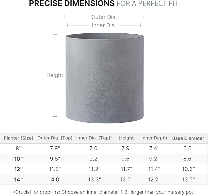 FaithLand 8 Inch Fiberstone Planter - Lightweight Modern Cylinder Plant Pot with Drainage Hole & Plug, Authentic Concrete Look, Gray