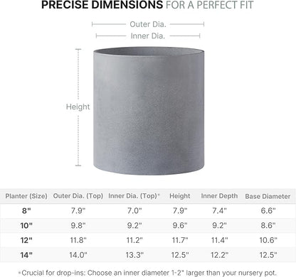 FaithLand 8 Inch Fiberstone Planter - Lightweight Modern Cylinder Plant Pot with Drainage Hole & Plug, Authentic Concrete Look, Gray