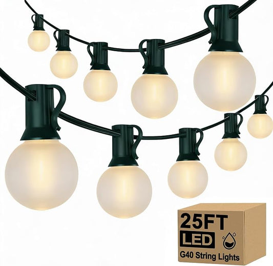 G40 LED Outdoor Christmas String Lights, 25FT Hanging Globe String Light | 25+2 Shatterproof Frosted White Lights, Connectable, Waterproof Patio Lights for Balcony Backyard Pergola Decor, Green Wire
