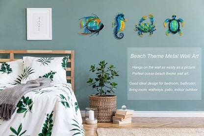 Meduofon Set of 4 Metal Outdoor Wall Art Decor, Blue Turtle Fish Crab and Seahorse Suitable for Beach Ocean Pool Decor, Metal Yard Fence Garden Children Room Bathroom Livingroom Wall Decoration