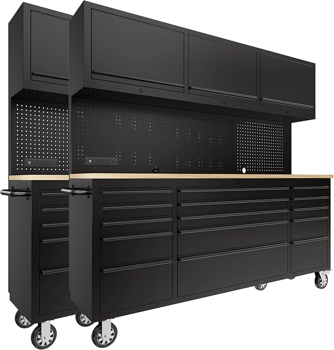 CHETTO C 72-inch Rolling Tool Chest Cabinet Mobile Workbench with 15 Storage Drawers and Wheels 3 Uper Cabinet Outlet SS Pegboard Black Tool Box for Garage 2 Pack