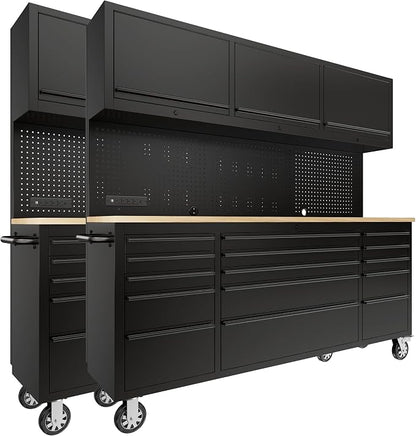 CHETTO C 72-inch Rolling Tool Chest Cabinet Mobile Workbench with 15 Storage Drawers and Wheels 3 Uper Cabinet Outlet SS Pegboard Black Tool Box for Garage 2 Pack