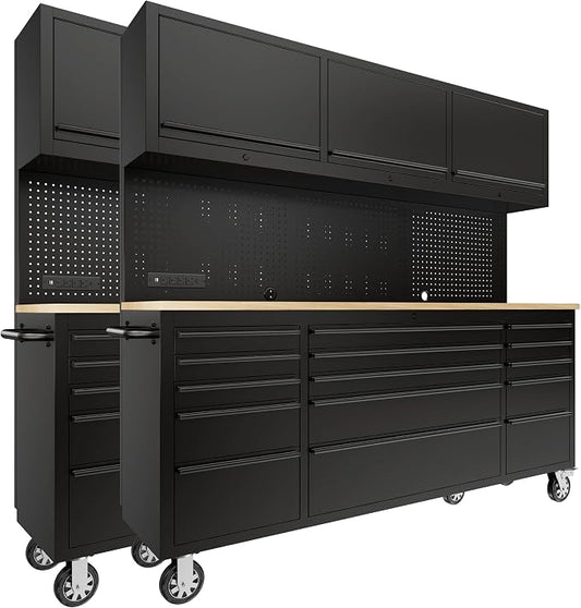 CHETTO C 72-inch Rolling Tool Chest Cabinet Mobile Workbench with 15 Storage Drawers and Wheels 3 Uper Cabinet Outlet SS Pegboard Black Tool Box for Garage 2 Pack