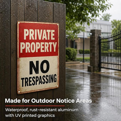 Private Property Tin Sign, 12 x 8 Inch No Trespassing Aluminum Metal Wall Decor, Vintage Notice Sign for Gate, Fence, Porch, Driveway, Entryway