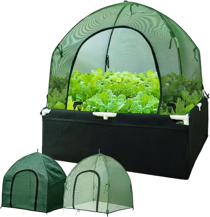 3 * 3FT Felt Garden Raised Bed with Plant Covers, No-Tool Growing Bed with Bug Insect Proof Mesh Plant Tents & Sun Shade, 3 Sizes Plant Protection System for Vegetables, Fruits & Flowers