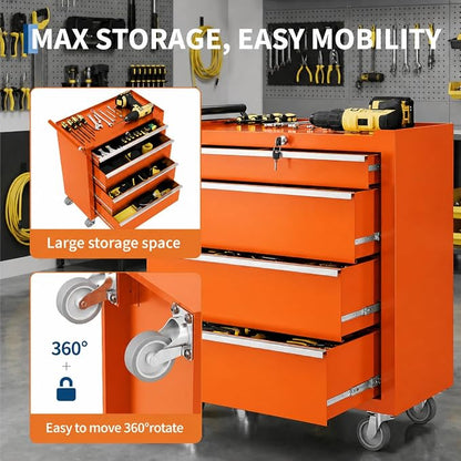 IDEALHOUSE Rolling Tool Chest, 5 Drawers Tool Storage Cabinet, Toolbox with Wheels, Portable Tool Cabinet Organizer with Locking System & Drawer Liners, Tool Storage Cart for Garage, Workshop, Orange