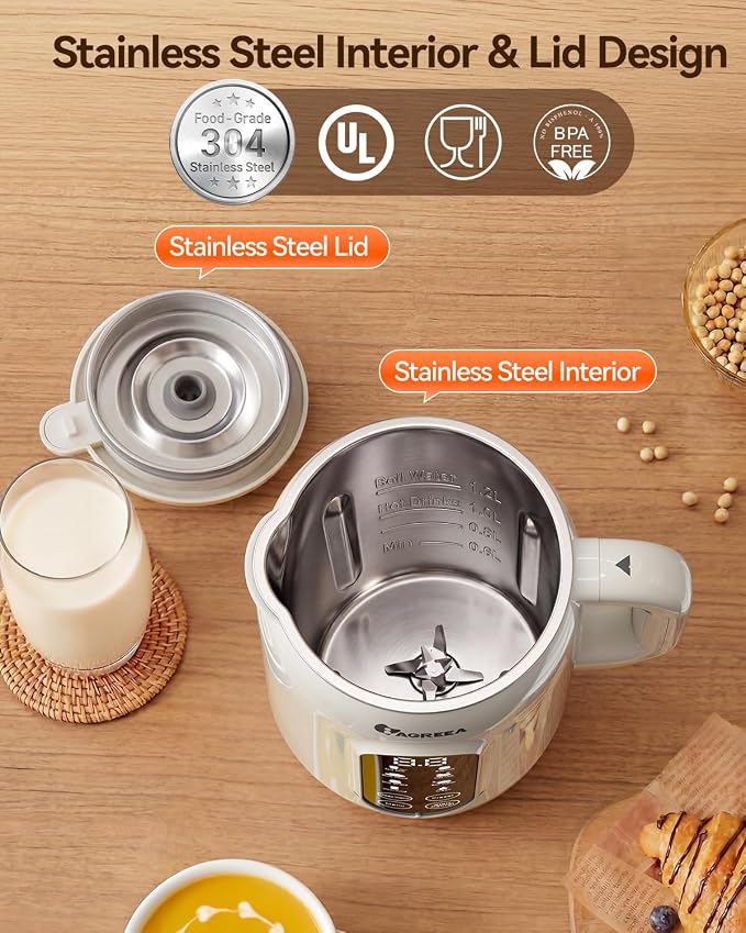 IAGREEA 10-in-1 Nut Milk Maker Machine 304 Stainless Steel Lid BPA Free, 35oz Soy Milk Maker for Homemade Milkshake, Almond, Oat, Plant-Based Drink, 10 Blades Blender with timer/Boil Water/Self Clean