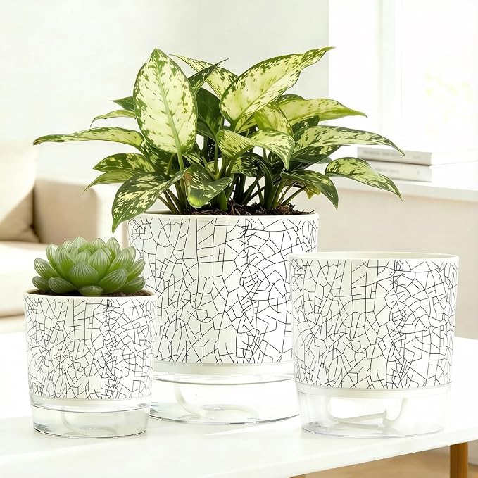 3 Pack 4.3+5.5+6.3 Inch Self Watering Pots Set, Self Watering Planter with Reservoir and Wick Rope for Indoor/Outdoor Plants, Modern Houseplants Pots for African Violets,Cactus,Herbs,Succulents
