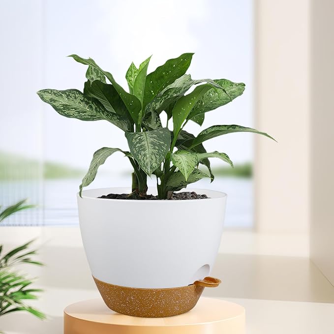 Meowell 12 inch Large Self Watering Pots for Indoor Outdoor Plants, Plant Pots with Mesh Drainage Holes for Garden House Plants, Plastic Planters with Reservoir for Flower Plants, White with Brown