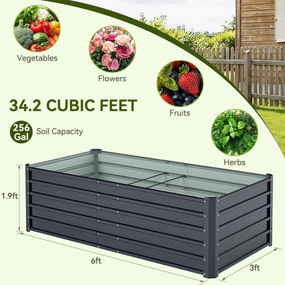 Ohuhu 6x3x1.9 FT Metal Raised Garden Bed Outdoor, Reinforced Deep Root Galvanized Steel Rustproof Planter Box, 100% Non-Toxic, 256 Gal Heavy Duty Tall Raised Beds for Growing Vegetables Flowers Herbs