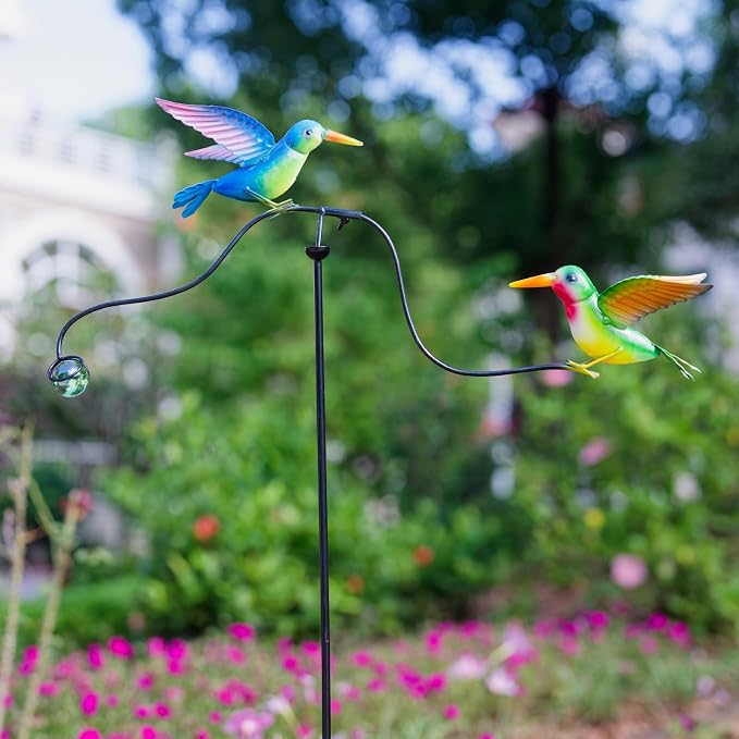 Hummingbird Metal Garden Stakes, in Motion Spinner Garden Balancing Stake, 46 Inch Bird Balancer Stake for Spring Outdoor Yard Art Decorations
