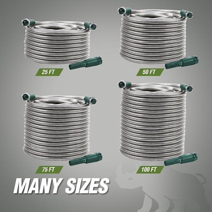 RUGGED RHINO Metal Garden Hose with Spray Nozzle, 75FT, 304 Stainless Steel, 750 PSI Burst Strength, Heavy Duty Flexible Water Hose, Kink Resistant, Leakproof for Yard, Lawn and Outdoor Use, Green