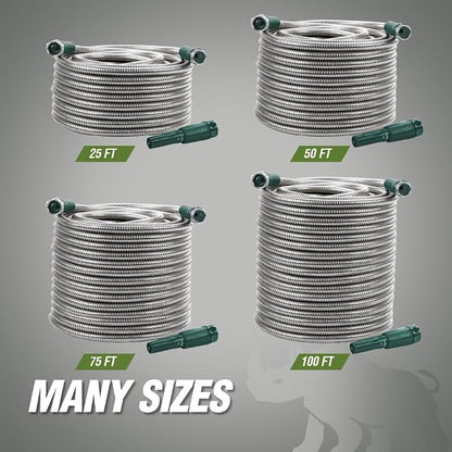RUGGED RHINO Metal Garden Hose with Spray Nozzle, 304 Stainless Steel, 750 PSI Burst Strength, Heavy Duty Flexible Water Hose, Kink Resistant, Leakproof for Yard, Lawn and Outdoor Use, Green 25FT