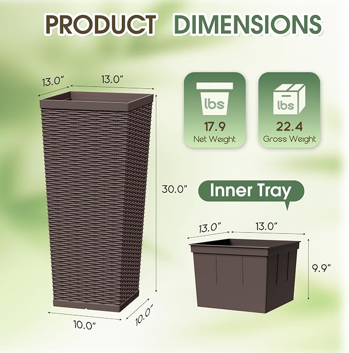 30 Inch Tall Plastic Planters(Set of 2), Detachable Inner Pot & Drainage Holes, Outdoor Decorative Flower Pots for Large Plants, Trees, Patio, and Garden, Brown