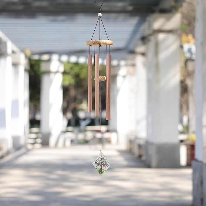 Solar Wind Chimes Outdoor with Glass and Copper (Square Life Tree) | Solar Powered, Garden Decor, Patio Decor, Glass and Copper, Outdoor Use
