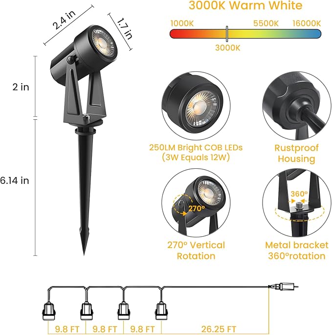 Svater 4 Pack Landscape Lighting Low Voltage,Outdoor Spotlights with Transformer, Plug in LED Spot Lights for Yard, Backyard,House 12V 3000K Warm White, IP65 Waterproof